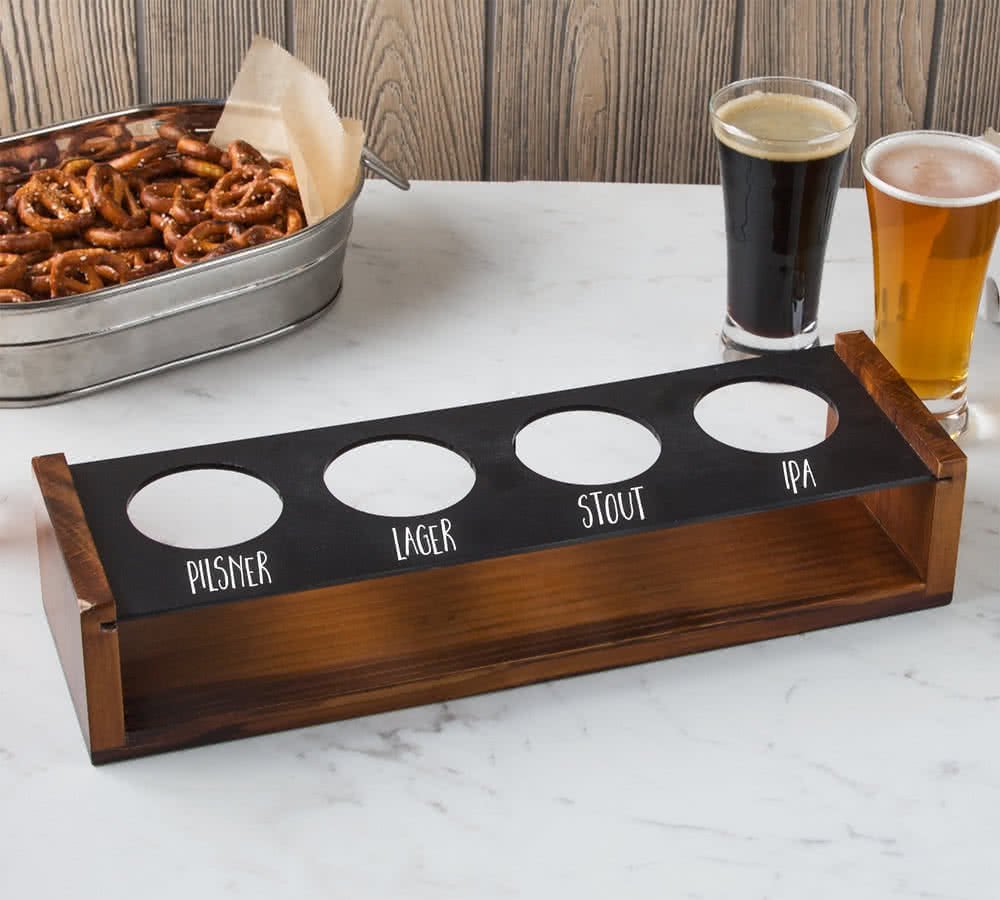 Beer Flight Paddle Walnut Finish Caddy with Chalkboard Paint